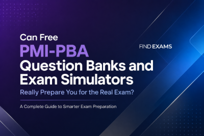 Split-screen illustration of a PMI-PBA question bank beside a timed exam simulator dashboard with domain analytics