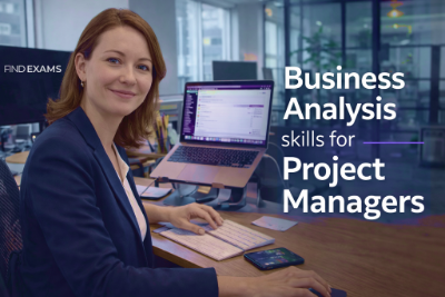 Project manager using business analysis skills while working on a laptop in a modern office