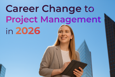 Career change to project management in 2026 illustrated by a professional woman planning her project management career path