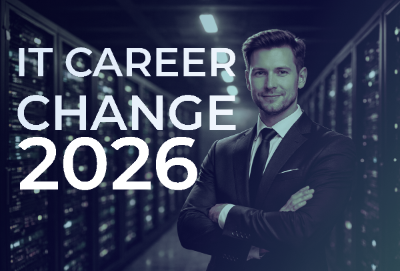 Professional in a suit standing confidently in a server room, representing career advancement in tech roles