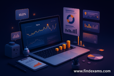 Person using digital learning platform for exam preparation with tech elements