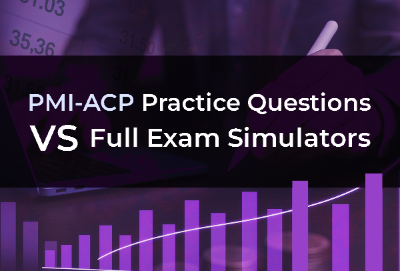 Illustration showing a laptop screen with PMI-ACP exam questions and a timer, symbolizing the difference between free practice exams and full simulators.