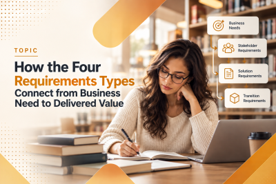 How the Four Requirements Types Connect from Business Need to Delivered Value editorial illustration