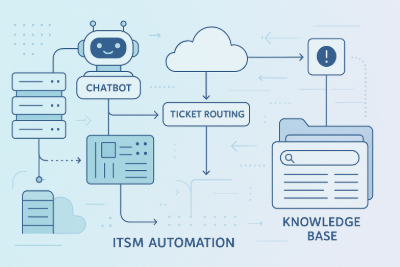 Visual showing ITSM automation tools, chatbots, ticket routing, and a structured knowledge management system used in ITIL practices.