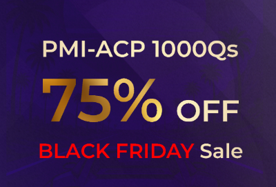 PMI-ACP 1000 practice questions Black Friday 2025 sale banner with 75% discount on exam simulator.
