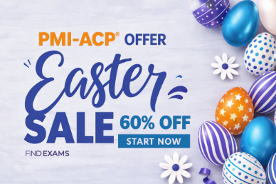 PMI-ACP Easter sale banner with 60% discount, colorful eggs, and “Start Now” call to action