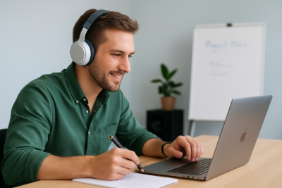 PMI-ACP candidate studying online with headphones and laptop while preparing for exam day