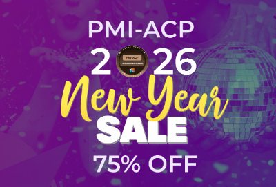 PMI-ACP New Year sale banner showing 75% discount on the Agile exam simulator, promoting certification preparation and career growth for 2026.