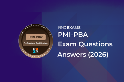 PMI-PBA exam questions and answers cover image featuring PMI-PBA professional certification badge and FindExams branding for scenario-based practice guide.