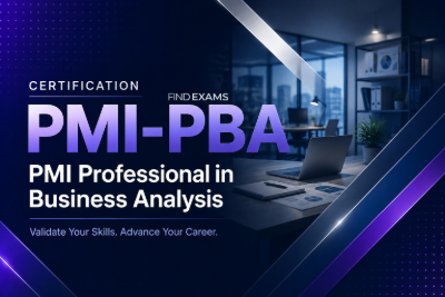 Professional using a laptop, notes, and practice questions for PMI-PBA self-paced exam preparation