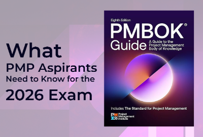 PMBOK 8th Edition cover with title “What PMP Aspirants Need to Know for the 2026 Exam” – official guide for PMP exam changes and preparation