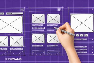 Hand drawing website wireframe layout on a purple grid background representing requirement validation in business analysis